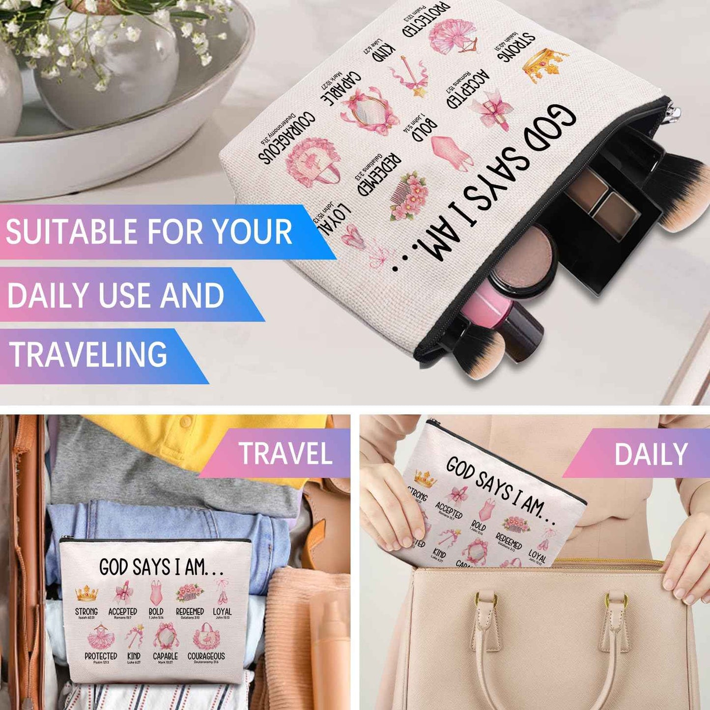 Inspirational Christian Gifts for Her, Religious Gifts Motivational Dancer Ballerina Makeup Bag, God Says I Am Dancer Cosmetic Bag Makeup Pouch