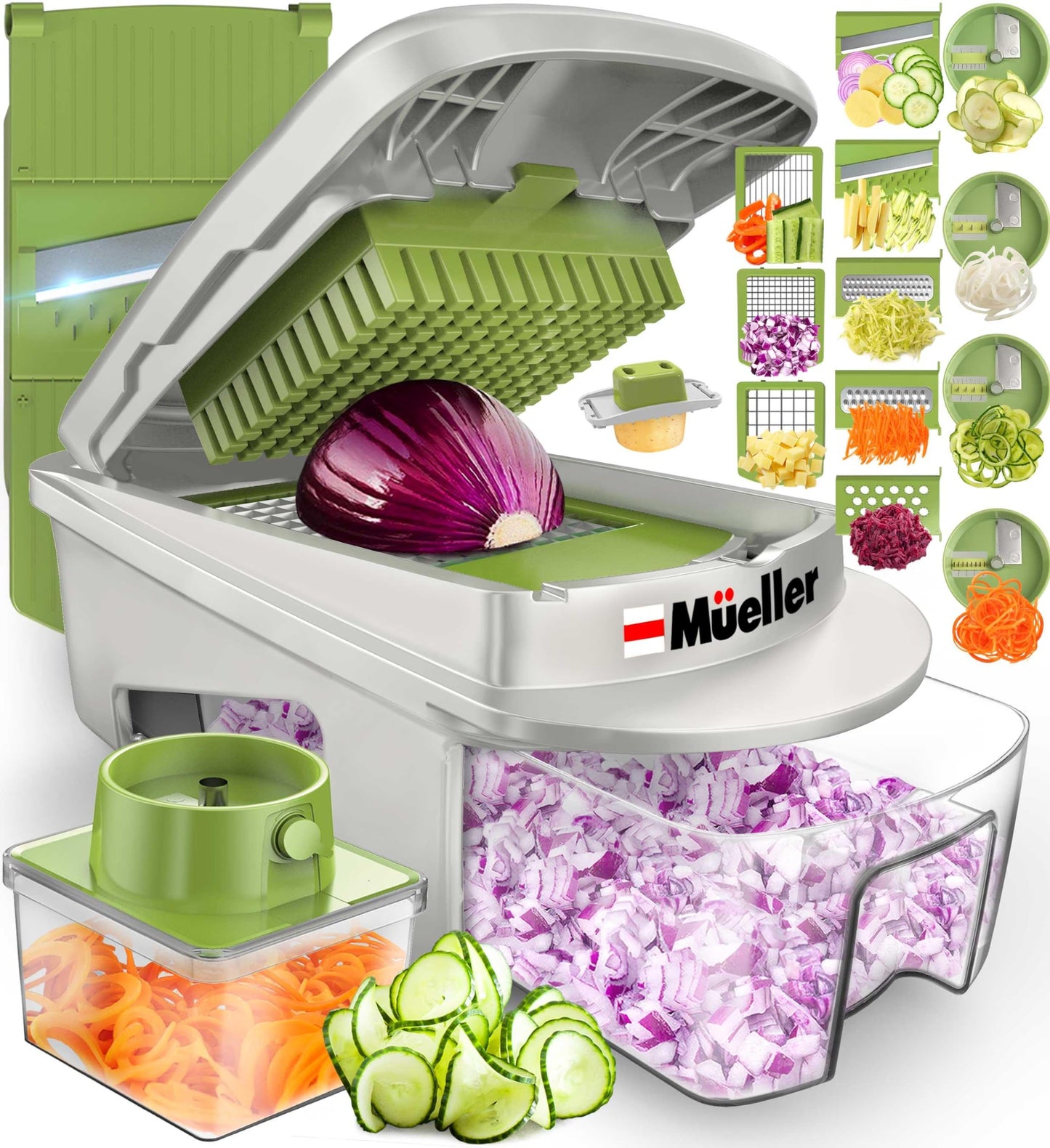 Mueller Pro-Series All-in-One, 12 Blade Mandoline Slicer for Kitchen, Food Chopper, Vegetable Slicer and Spiralizer, Cutter, Dicer, Grater, Mothers Day Gifts, Kitchen Essentials, White Sand/Green