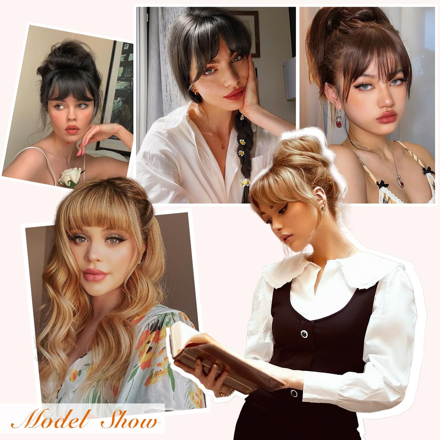 QGZ Clip in Bangs-Fake Bangs Hair Clip Fringe with Temples Hairpieces 100% Real Human Hair Extensions Curved Clip On Bangs for Women(Dark Auburn Brown Air Bangs)