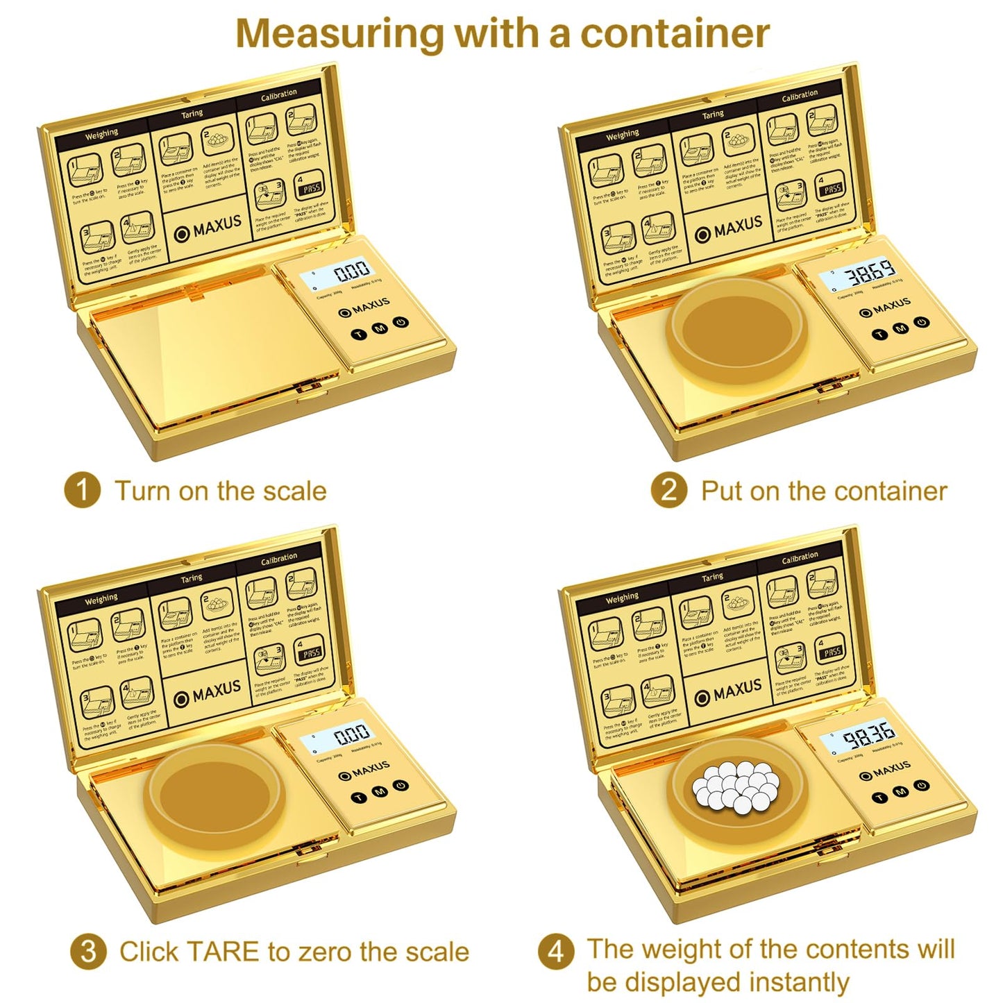 MAXUS Digital Gram Scale with 200g x 0.01g Capacity, Stylish Gold Plated Cover and Platform for Accurate and Precise Weighing of Jewelry, Grains, and Food in Grams and Ounces