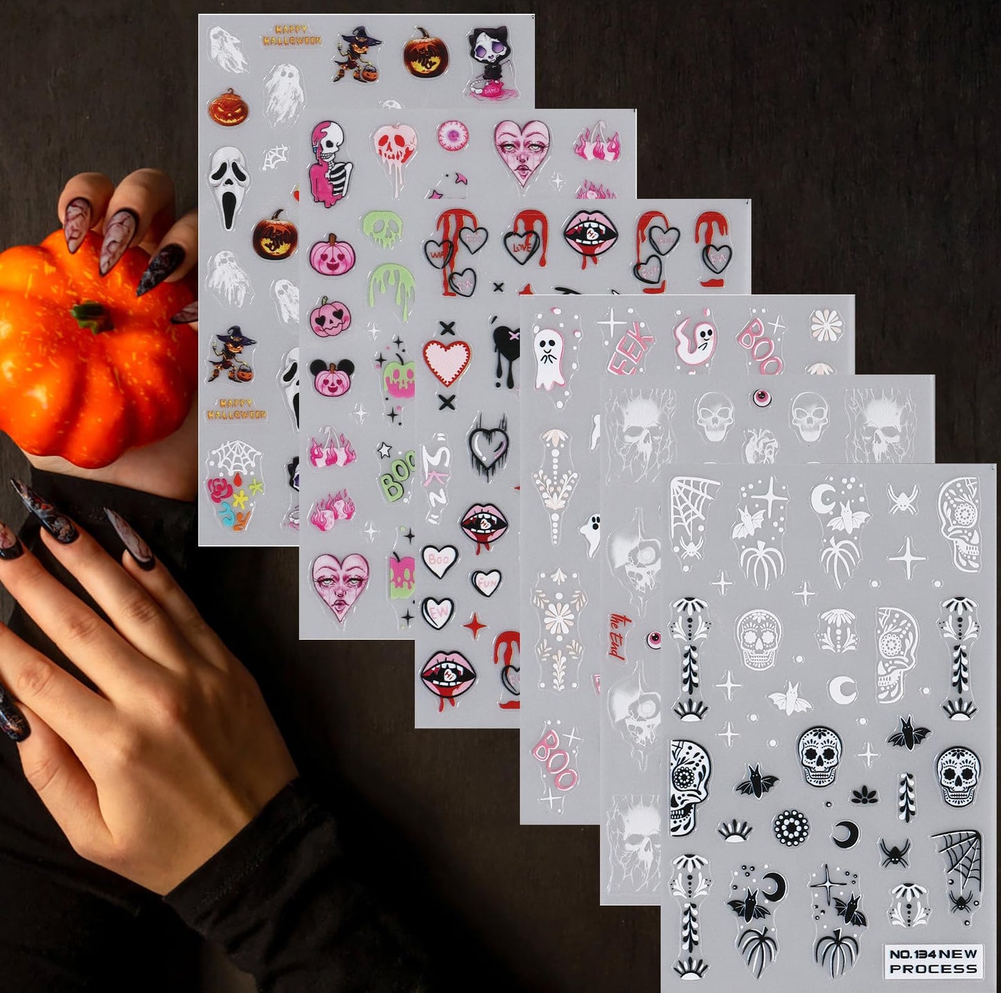 6 Sheets Pink Halloween Nail Stickers Skull Pink Ghost Nail Decals Pumpkin Nail Art Stickers 3D Self-Adhesive Nail Art Decals DIY Nail Designs Nail Supplies for Halloween for Women Girls Decoration