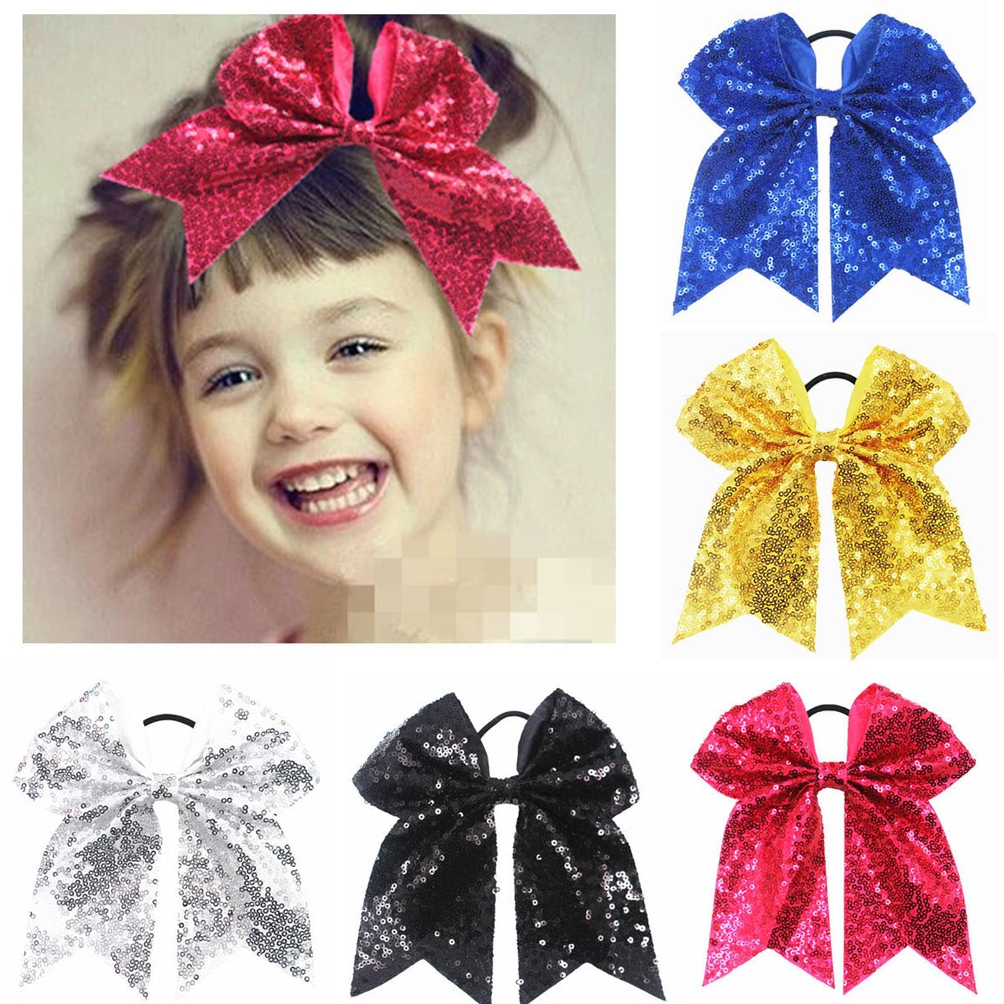 Xansema 6.5 Inches Sequins Hair Bows Elastic Hair Tie Ribbon Large Cheer Bow Ponytail Holder Hair Band for Women Girls Kids Teens (Red)