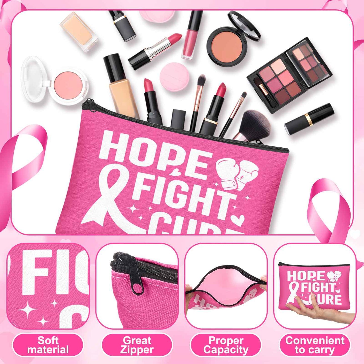 Chicingyou 36 Pcs Breast Cancer Care Gifts Set Bulk Pink Ribbon Keychain Women Socks Makeup Bag Chemo Gifts Breast Cancer Awareness Accessories for Friends Family