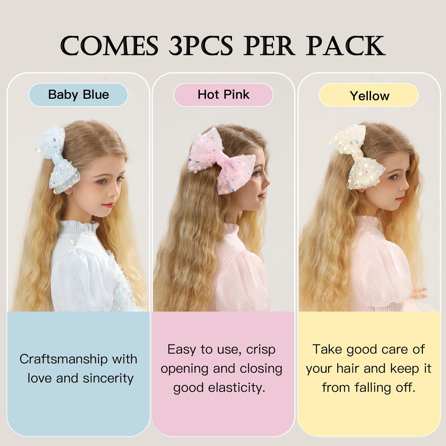 ZOYII 3pc 6 inch Sequin Big Hair Bows Clip for Girls - Alligator Large Glitter Hair Clips for Kids | Sparkly Teen Bow Clips for Hair & Hair Accessories for Women(Pink, Blue, Pale Yellow)