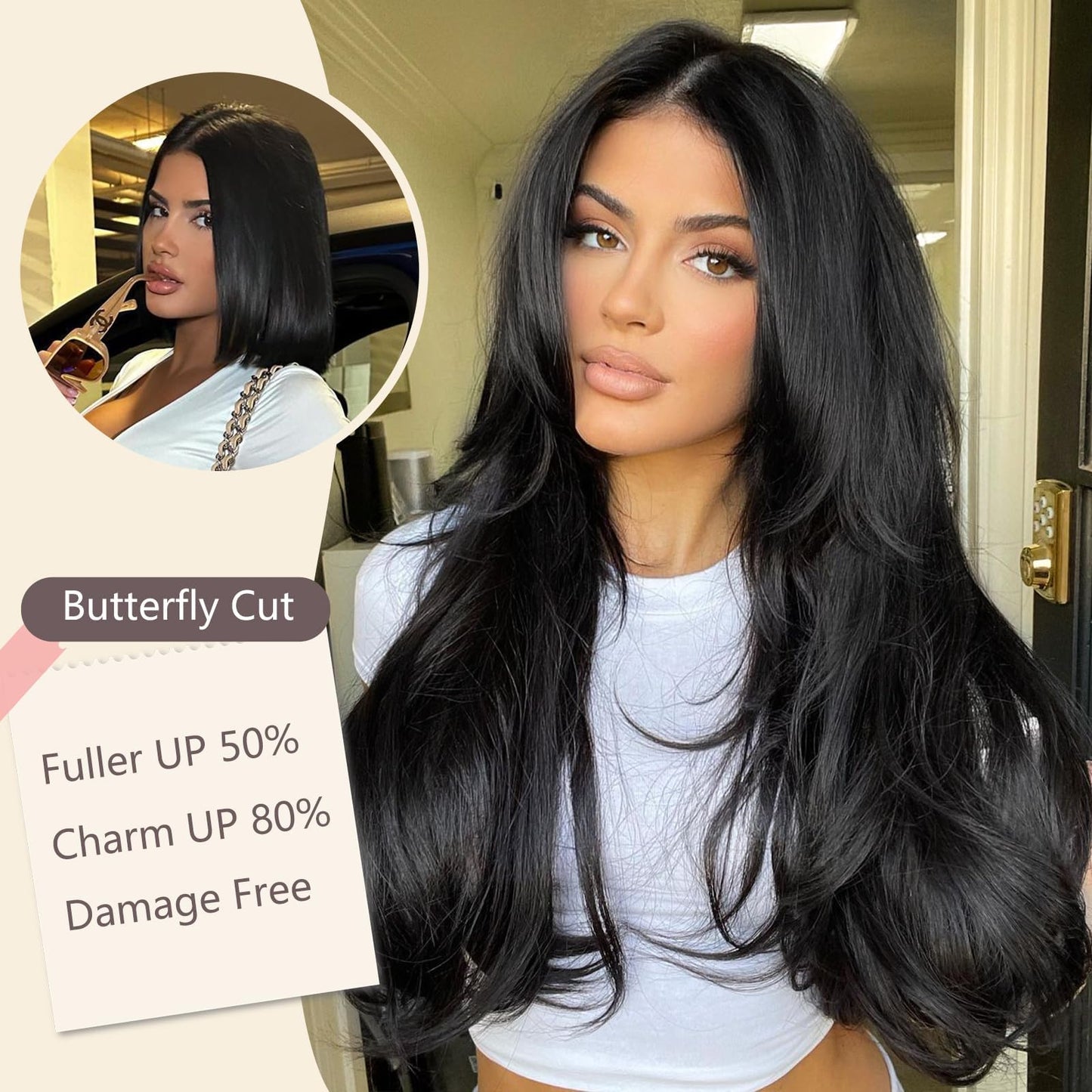 FORCUTEU Clip in Hair Extensions Long Layered Straight Wavy V-Shaped Hair Extension One Piece Black Hair Extensions with 5 Clips for Women Daily Use