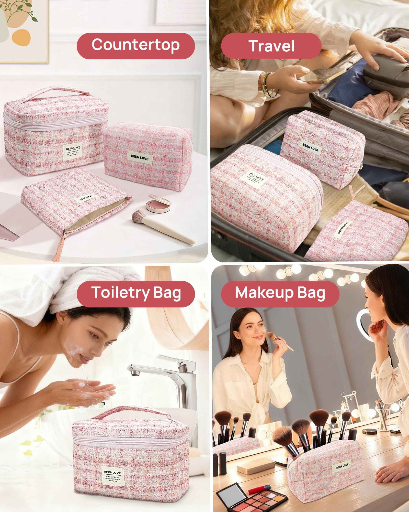 Makeup Bag Set 3 Piece Travel Toiletry Organizer-Portable Cosmetic Bag Set for Women Girls, Stylish Large Medium Small Makeup Pouches - Lightweight Beauty Storage Bags Gift for Teen, Daughter (Pink)