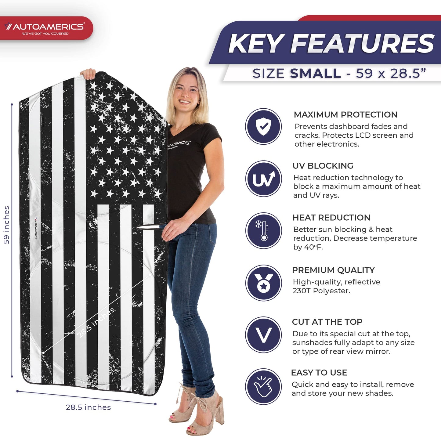 Autoamerics 1-Piece Windshield Sun Shade Grunge B&W American Flag USA Design - Foldable Car Front Window Sunshade for Most Sedans SUV Truck - Blocks Max UV Rays and Keeps Your Vehicle Cool - Small