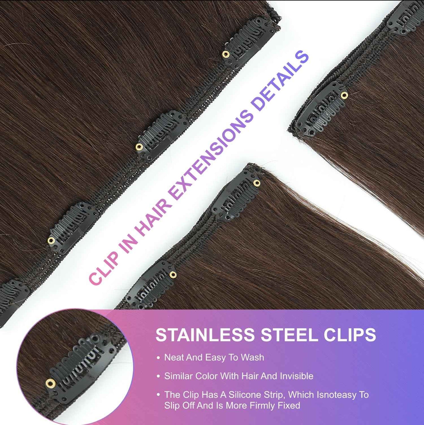 MEYOFUN Dark Brown Clip in Hair Extensions, 18 Inch 100g/3.5oz, 2 Dark Brown Hair Extensions Real Human Hair, Invisible Seamless Remy Human Hair Clip Extensions for Women 8pcs Per Set with Double Weft