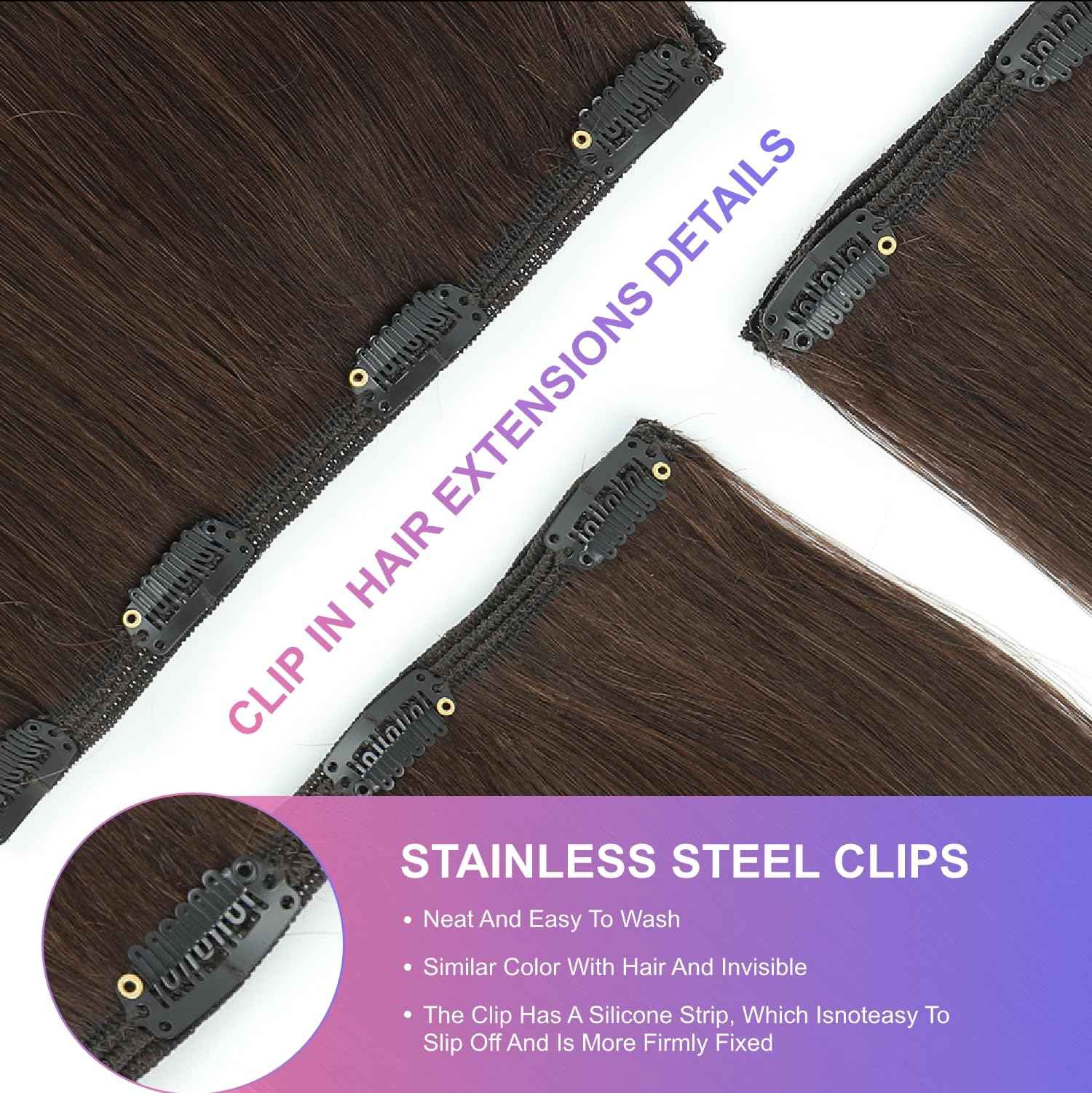 MEYOFUN Dark Brown Clip in Hair Extensions, 18 Inch 100g/3.5oz, 2 Dark Brown Hair Extensions Real Human Hair, Invisible Seamless Remy Human Hair Clip Extensions for Women 8pcs Per Set with Double Weft