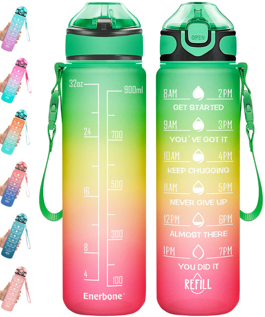 Enerbone 32 oz Drinking Water Bottle with Times to Drink and Straw, Motivational with Carrying Strap, Leakproof BPA & Toxic Free, Ensure You Drink Enough Water for Fitness Gym Outdoor