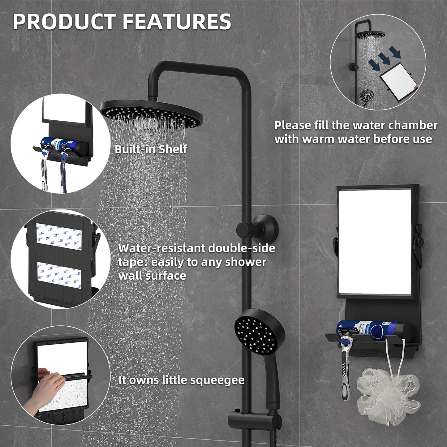 Shower Mirror fogless for Shaving - Dual-Sided 1X/3X Magnification, Anti-Fog Bathroom Mirror with Squeegee, Rust-Proof, Black