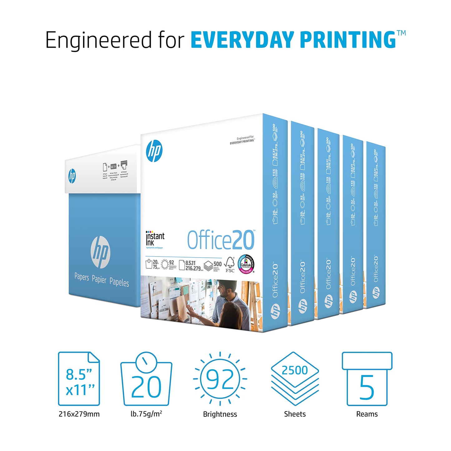 HP Papers | 8.5 x 11 Paper | Office 20 lb | 5 Ream Case - 2500 Sheets | 92 Bright | Made in USA-FSC Certified | 112150C