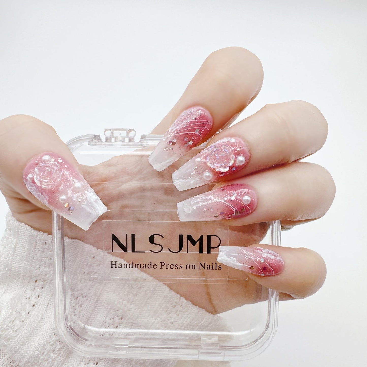 NLSJMP,10 Nails, Size L, Handmade Long Balerina Press on Nails,3D Ombre Acrylic Fake Nails Kit,Glitter Pearl Design Nail Art Kit,Reusable False nails,Include Toolkit,Camellia