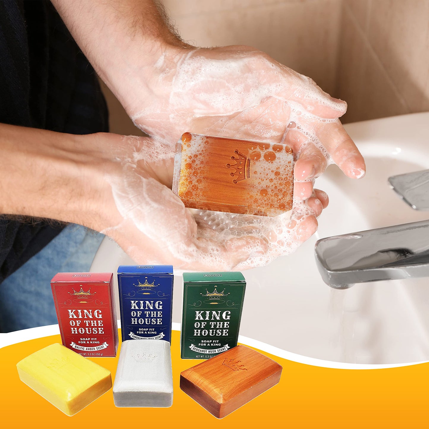 Kovot King of the House Soap Bar Gift Set – 5.3oz Moisturizing Masculine Scented Set of 3 Bars – Shaped like a Gold, Silver & Wood Bar