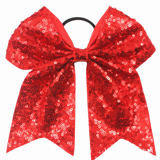 Xansema 6.5 Inches Sequins Hair Bows Elastic Hair Tie Ribbon Large Cheer Bow Ponytail Holder Hair Band for Women Girls Kids Teens (Red)