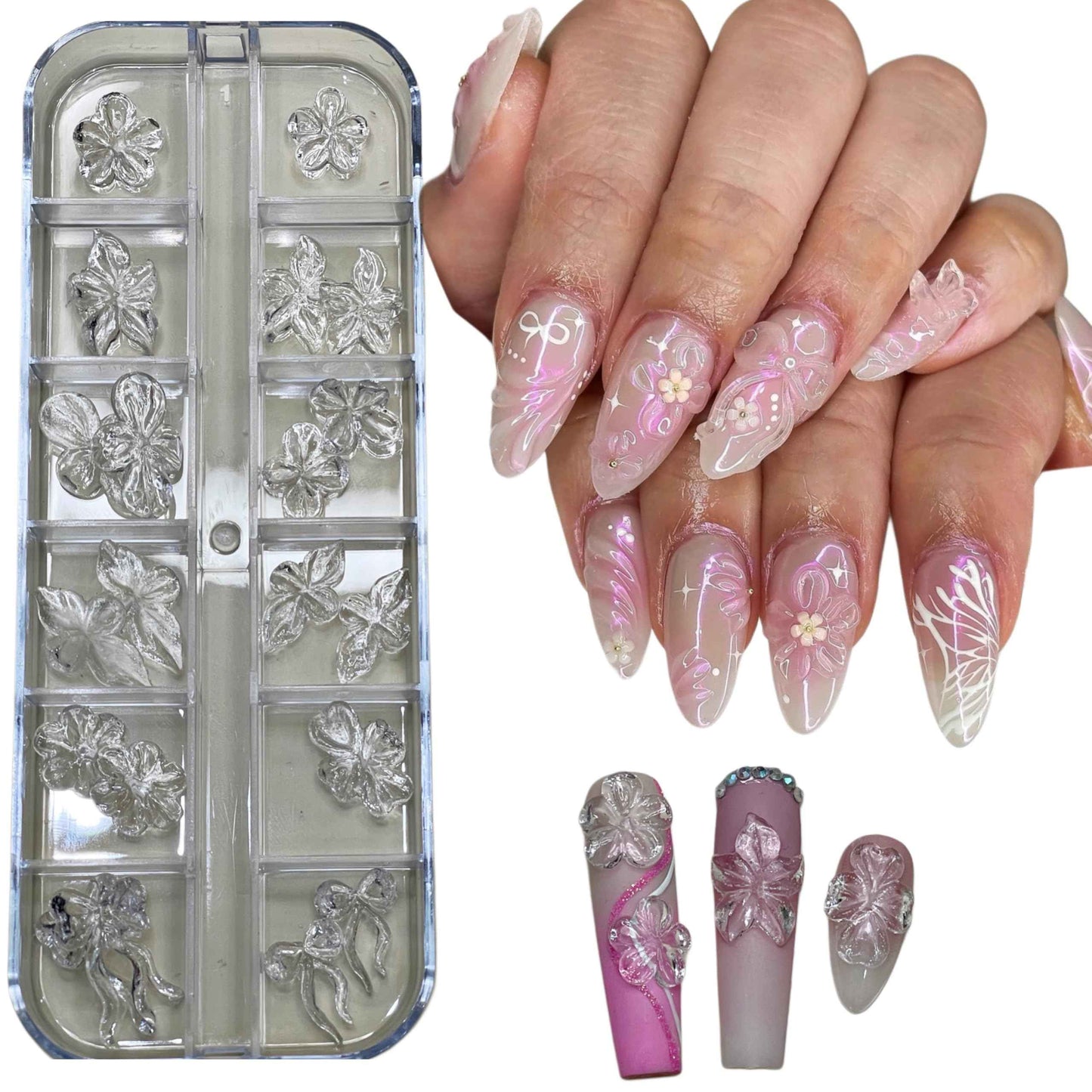 Set Clear Gel 3D Flowers Nails Charms Plain No Rhinestone Gems Handmade by Gel, Design For Medium & Long Nail,3D Flower Nail Art Floral Salon Decor For Women (Set Mix 24, Mix)