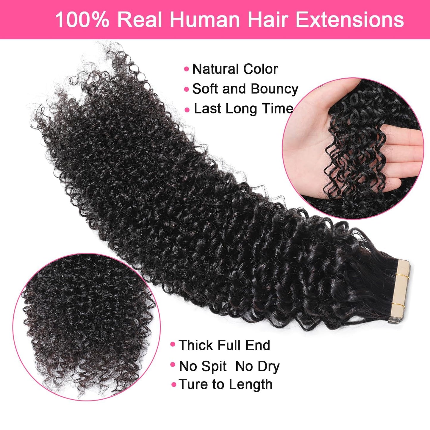 Hotlulana Tape in Hair Extensions Human Hair Kinky Curly Tape ins for Black Women Invisible 100% Real Human Hair Skin Weft Curly Tape in Extensions 20pcs 16Inch Natural Color