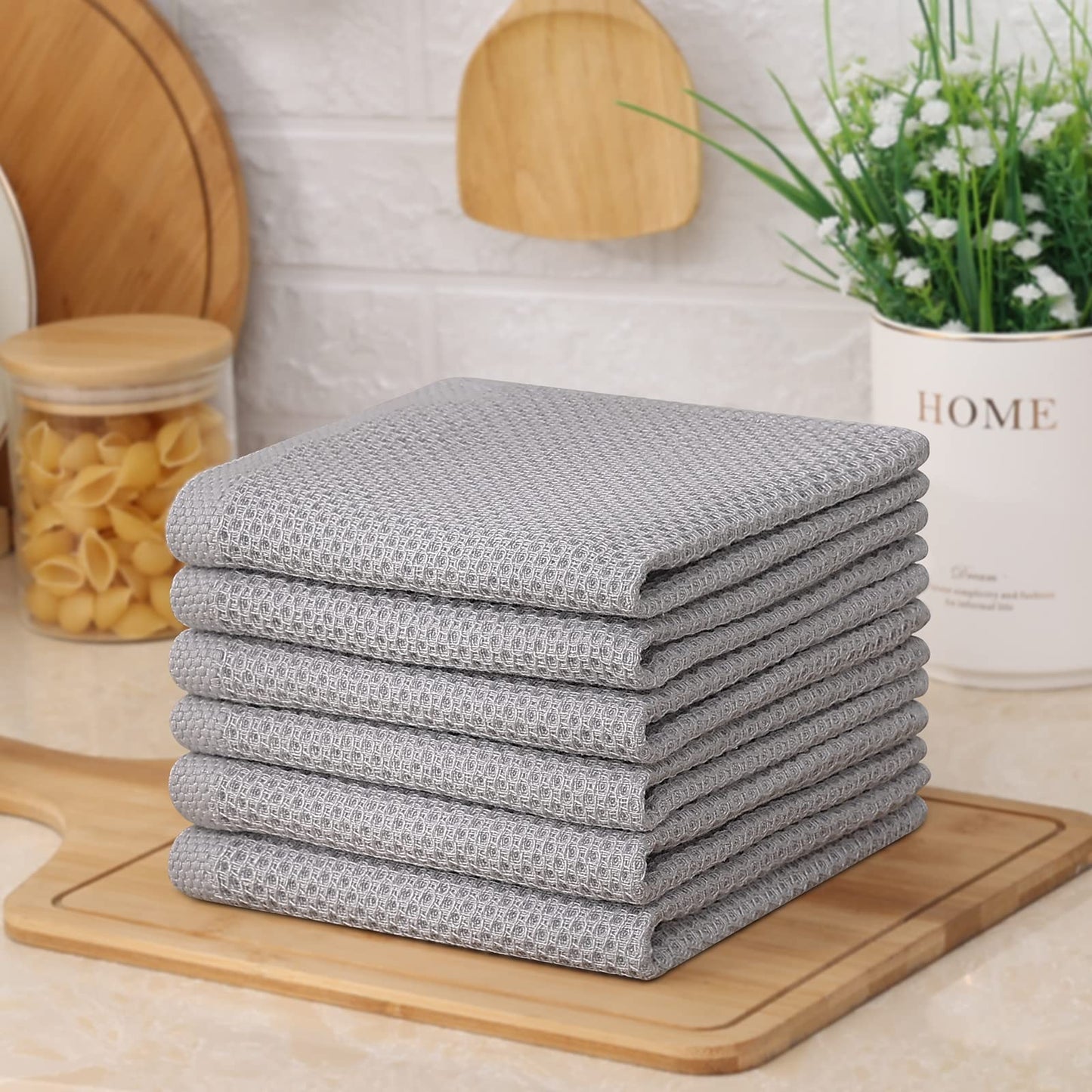 Kitinjoy 100% Cotton Kitchen Dish Cloths, 6 Pack Waffle Weave Ultra Soft Absorbent Dish Towels for Drying Dishes Quick Drying Kitchen Towels Dish Rags, 12 X 12 Inches, Light Grey