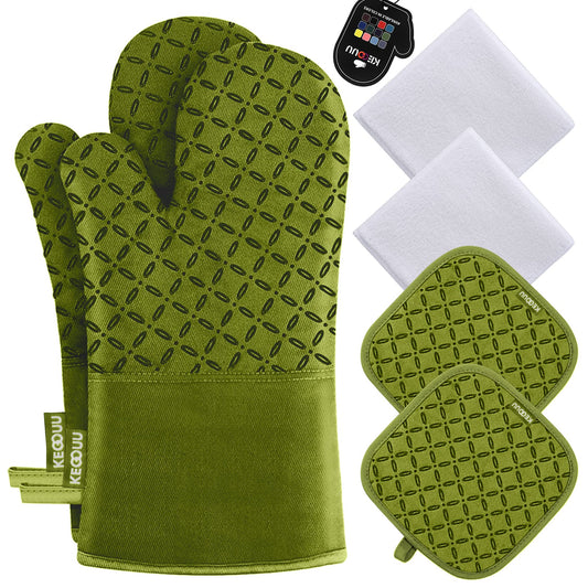 KEGOUU Oven Mitts and Pot Holders 6pcs Set, Kitchen Oven Glove High Heat Resistant 500 Degree Extra Long Oven Mitts and Potholder with Non-Slip Silicone Surface for Cooking (Olive Drab)