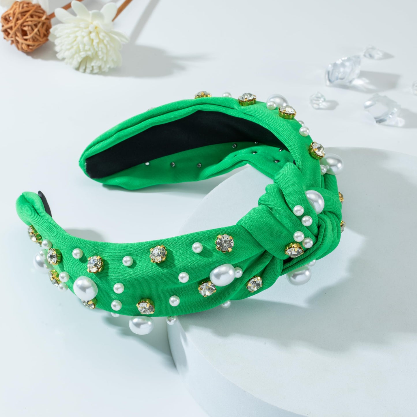 Mixcbe Holiday Green Headband Pearl Knotted Jeweled Headband for Women Pearl Crystal Embellished Hairband Fashion Elegant Ladies Wide Knot Headband Gifts For Christmas St.Patrick's Day