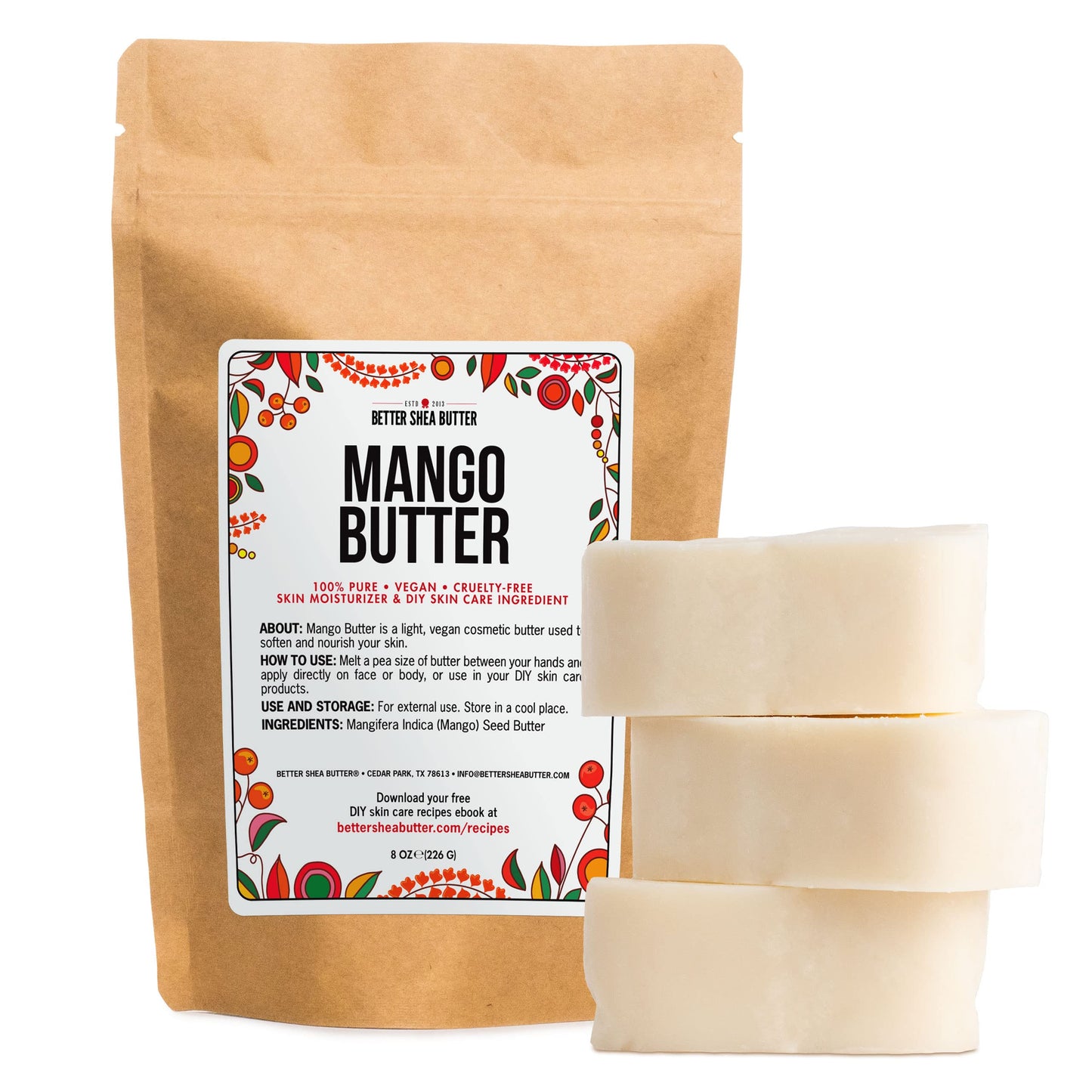 Raw Mango Butter - 100% Natural Skin and Hair Moisturizer - Use with Shea in DIY Whipped Body Butter, Mango Body Lotion, Lip Gloss and Soap Making, 8 oz Block