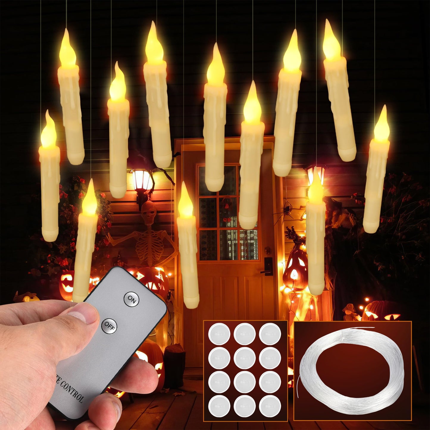 12Pack Floating LED Candles Set, Taper Flameless Candles with Remote Flickering Candles Hanging Decoration for Halloween Christmas Tree Party Home Decoration(12pcs White)