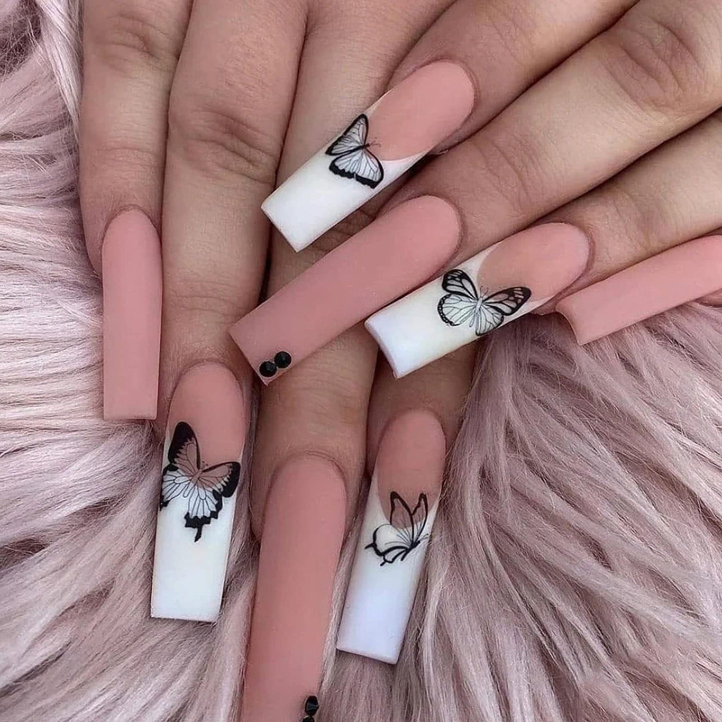 Coffin Press on Nails Long with Butterfly Designs Pink and White Long Fake Nails Glossy Full Cover Glue on Nails with Designs Acrylic Nails for Women 24PCS