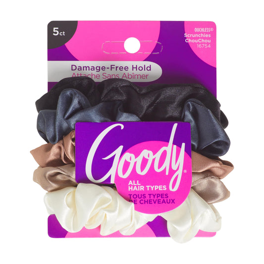 Goody Ouchless Satin Scrunchies - 5 Ct, Neutral Tones, Damage-Free Hold, Soft Overnight Hair Scrunchies to Sleep In, Gentle Hair Accessories for Women & Men, All Day Comfort, All Hair Types