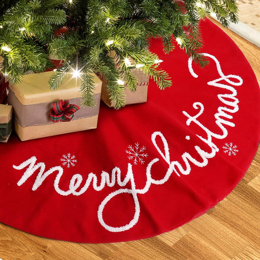 GMOEGEFT Christmas Tree Skirt 32 24 Inches Red Felt with Merry Christmas Tree Skirt Xmas Holiday Decorations (32 in)