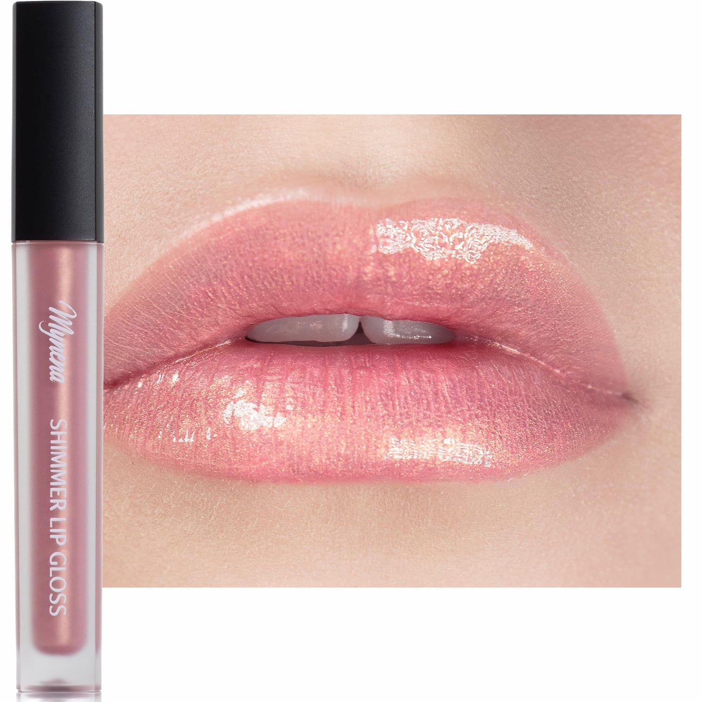 Mynena Light Rose Gold Shimmer Lip Gloss, Non-Sticky Finish, Perfect Lip Top Coat - Pinky