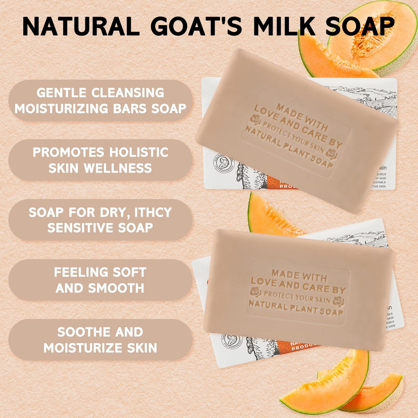 Ashena 2Pcs Goat Milk Soap Bar Moisturizing Natural Soap Bar for Face Body Cleansing Palm oil Body Wash Hand Soap Natural Soap Bar Gift Set (8.8 Oz, Cantaloupe)