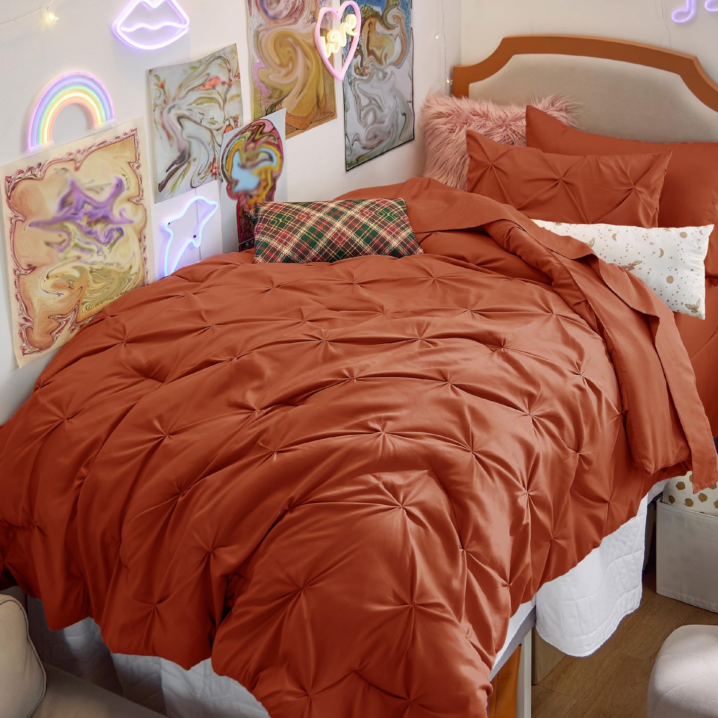 Bedsure Twin Size Comforter Sets - 5 Pieces Pintuck Bed Set Twin Size, Orange Twin Size Bed in a Bag with Comforter, Sheets, Pillowcase & Sham