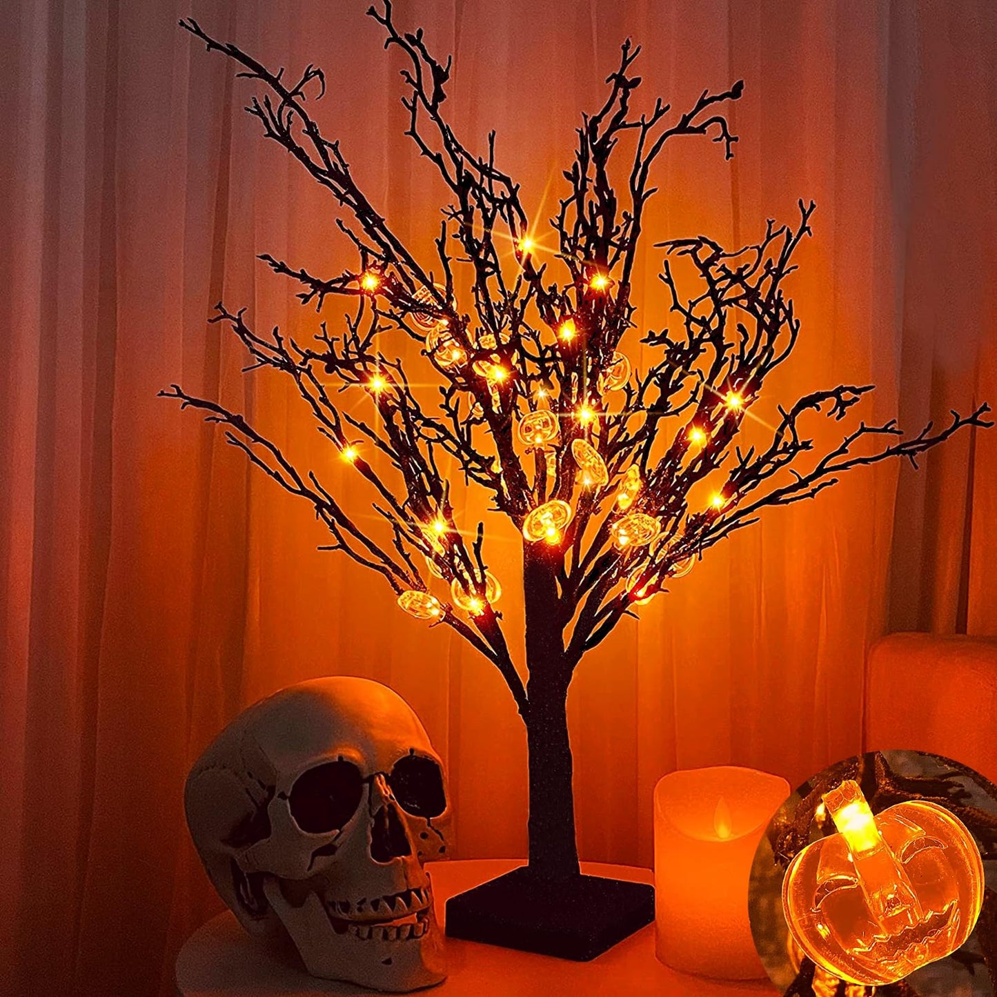 TURNMEON Timer 24 Inch Prelit Black Halloween Tree Decorations with 24 Orange LED 25 Pumpkin Battery Powered Halloween Black Spooky Tabletop Tree Decor Indoor Home Party