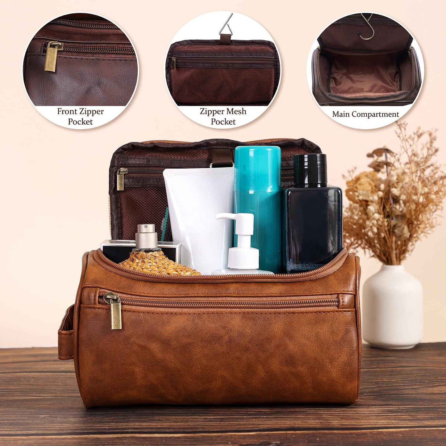 Seozata Toiletry Bag for Men, Hanging Travel Shaving Dopp Kit for Men and Women, Water-resistant Toiletries Organizer Bags, PU Leather Cosmetic Bags for Makeup Accessories (Dark Coffee)