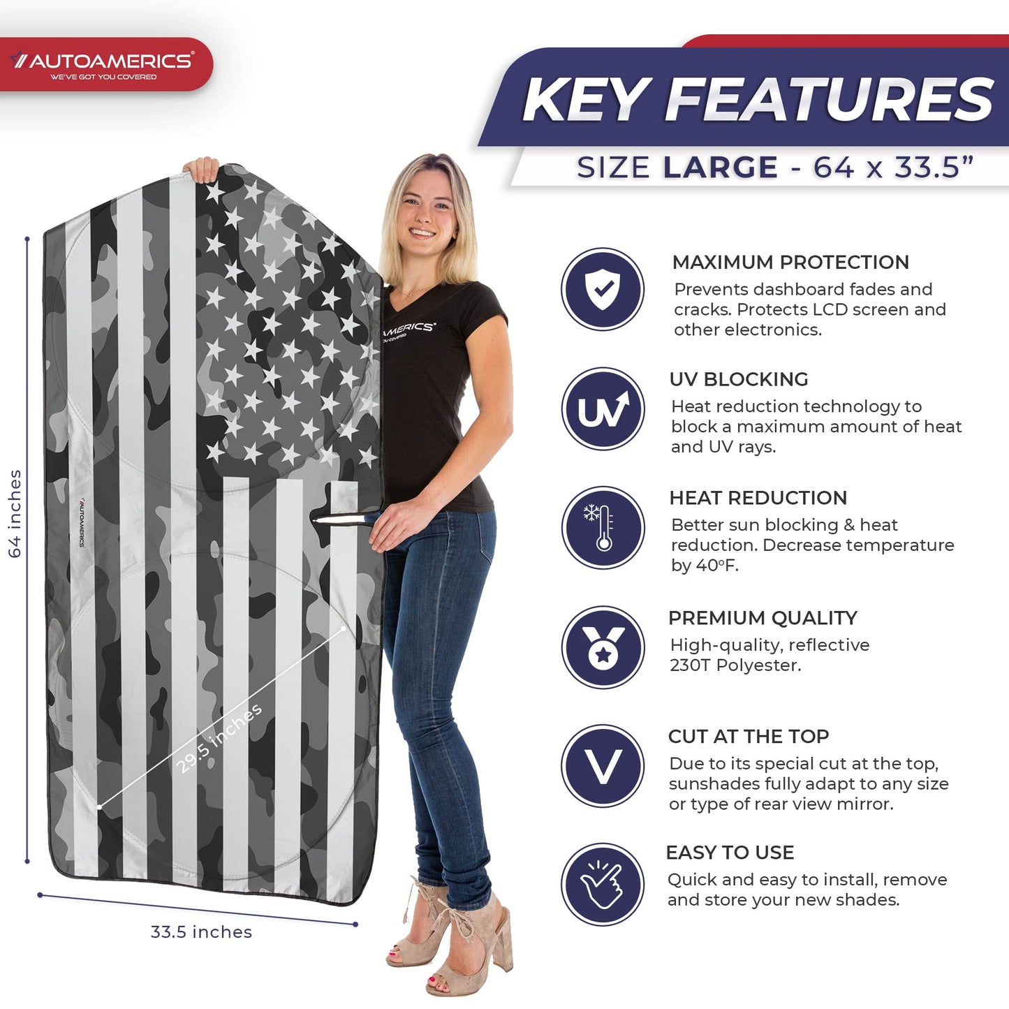 Autoamerics 1-Piece Windshield Sun Shade Gray Camo American Flag USA Design - Foldable Car Front Window Sunshade for Most Sedans SUV Truck - Blocks Max UV Rays and Keeps Your Vehicle Cool - Large