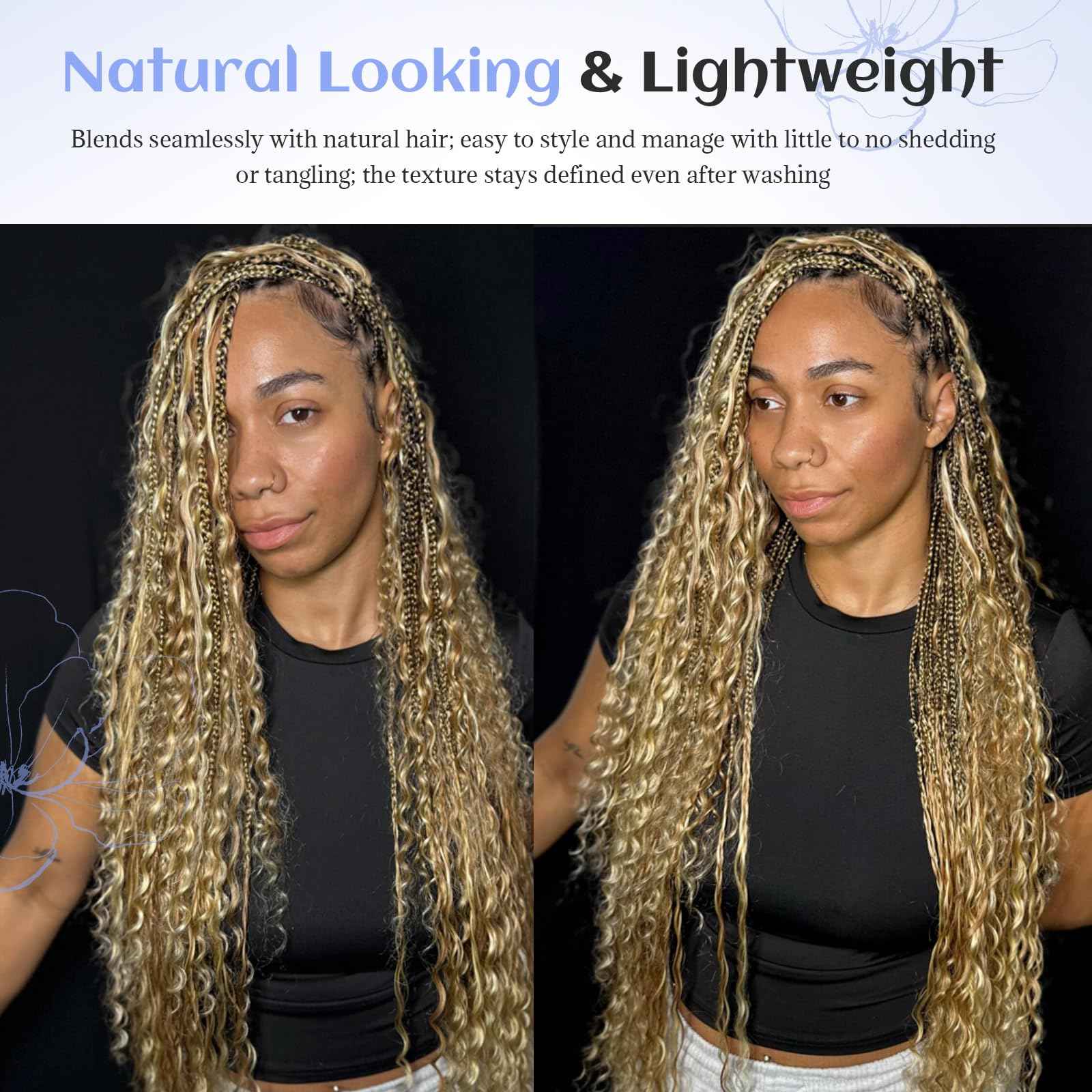 Highlight Human Braiding Hair for Boho Braids, 27/613 Curly Boho Human Hair for Braiding Highlights Blonde Deep Water Wave Bulk Human Hair Color 27 and 613 Bohemian Knotless Braids Two Bundles