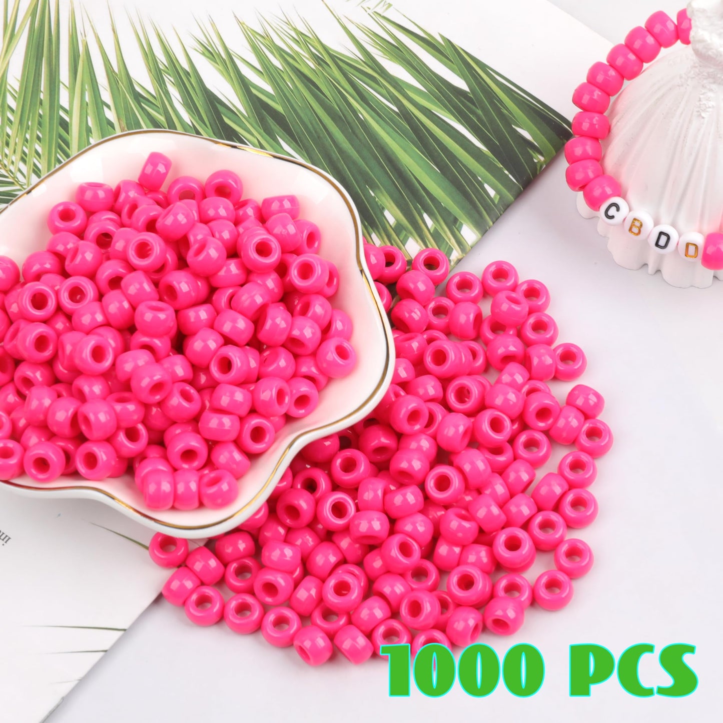 Auvoau 1000Pcs Pony Beads Bracelet 9mm Rose Plastic Barrel Pony Beads for Necklace,Hair Beads for Braids for Girls,Key Chain,Jewelry Making (Hot Pink)