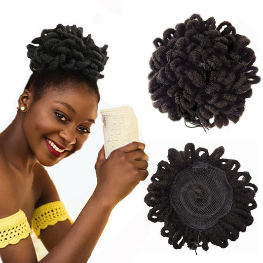 Abellee Loc Buns For Black Women 8Inch Loc Petal Bun Afro High Puff Drawstring Ponytail Faux Locs Hair Bun Pony Tail Hairpieces Clip In Hair Extentions for Black Women (4#)