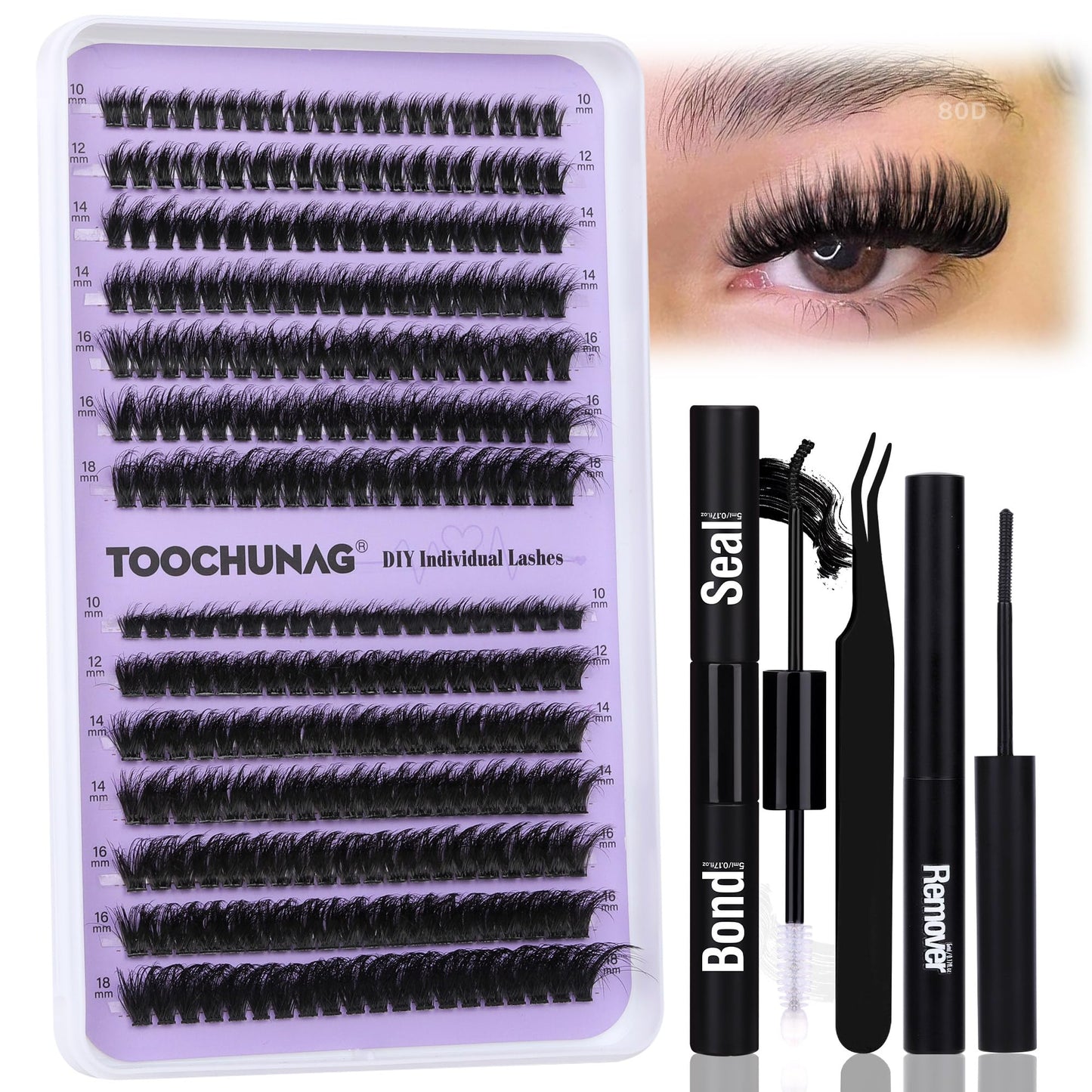 TOOCHUNAG Fluffy Clusters Lash Extension Kit Thick Eyelash Extension Kit 60D+80D Wispy Cluster Individual Lashes Kit with Lash Bond and Seal, Lash Remover, Eyelashes Tweezers (280Pcs,10-18mm)