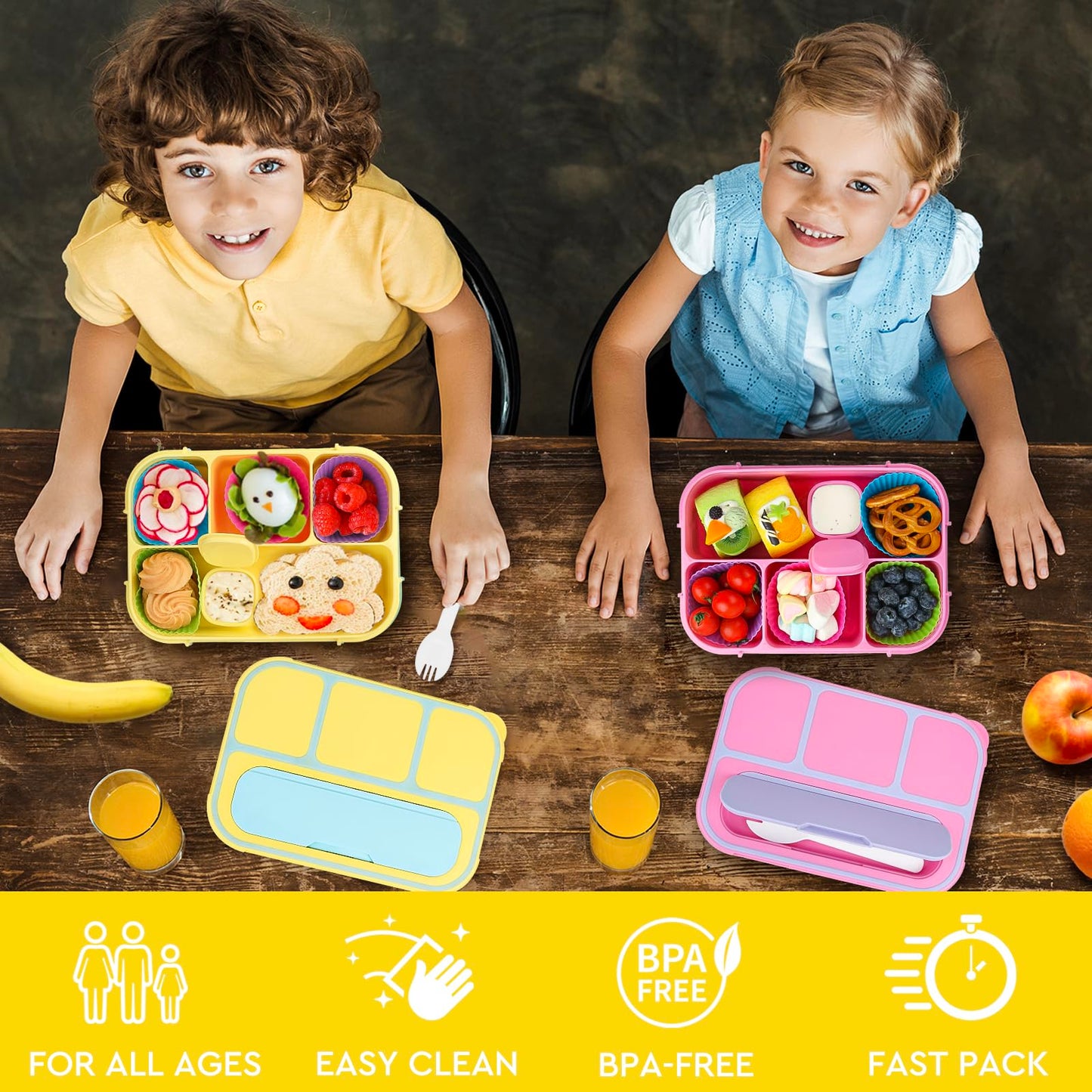 MaMix Bento Lunch Box Adult Lunch Box, Lunch Box Kids, Lunch Containers for Adults/Kids/Students,1300ML-4 Compartment Bento Lunch Box (yellow)