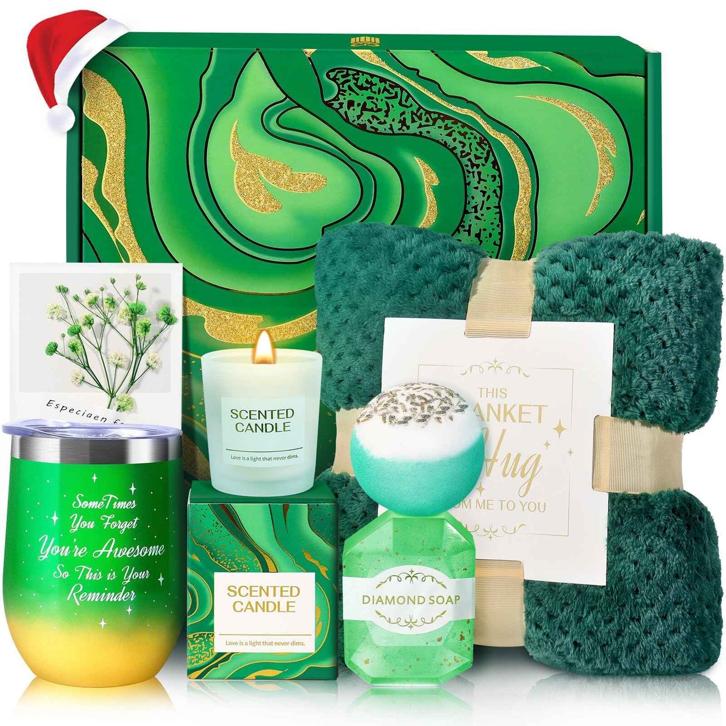 TRSILLE Christmas Gifts for Women, Christmas Birthday Gifts for Women, Green Get Well Soon Self Care Gifts Relaxing Spa Basket with Luxury Flannel Blanket for Mom Christmas Sister Wife Girlfriend