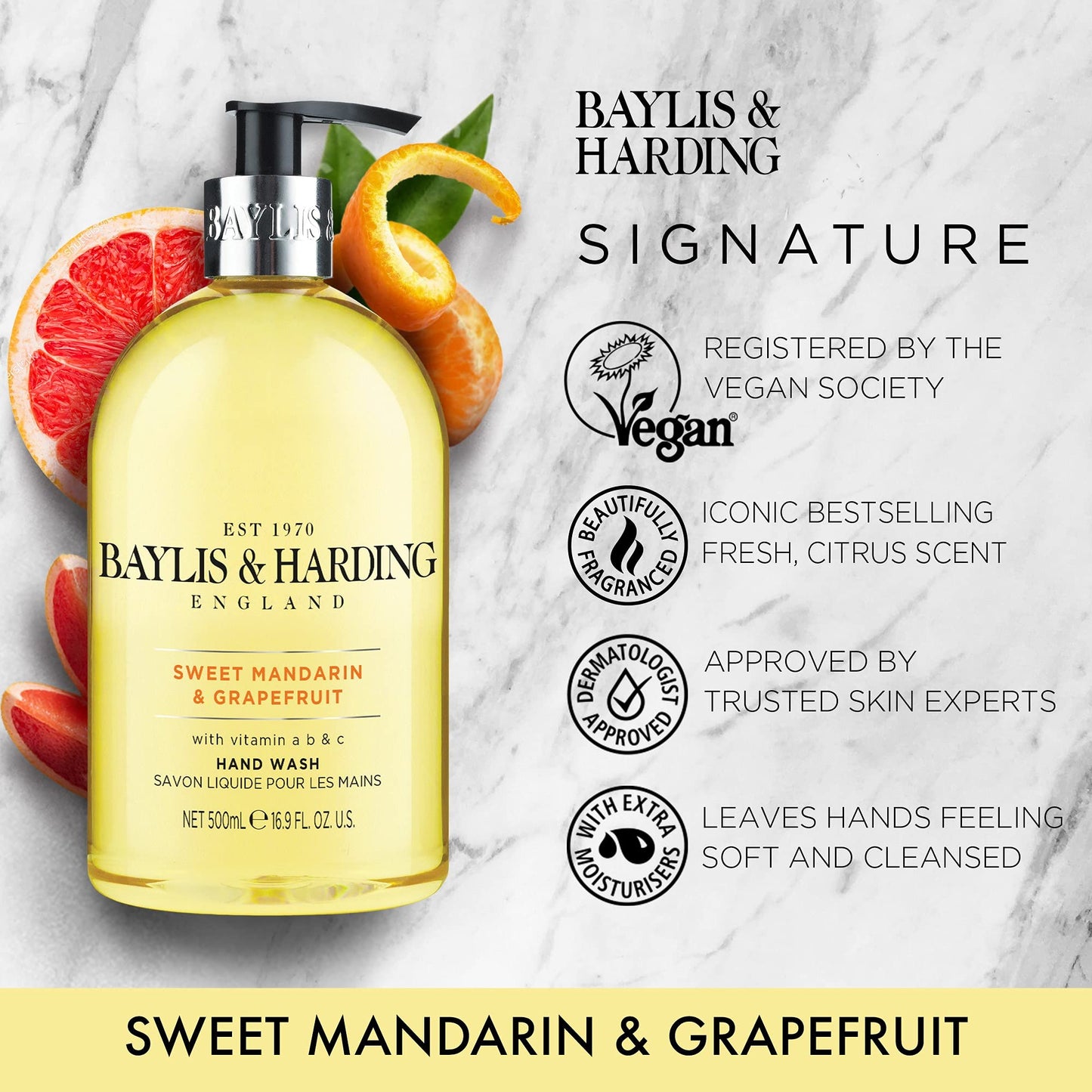 Baylis & Harding Liquid Hand Soap Wash with Dispenser, Sweet Mandarin & Grapefruit, 16.9oz/500ml (3-Pack)