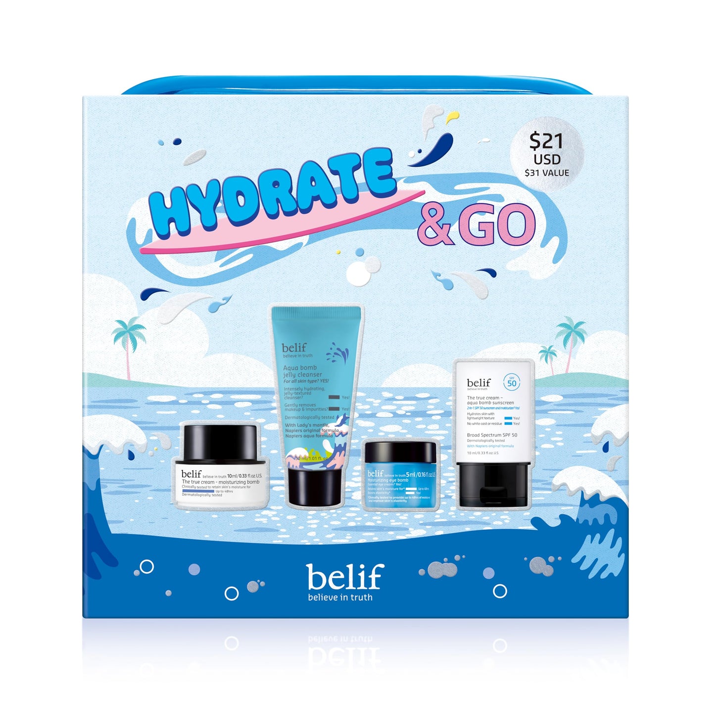 belif Hydrate & Go Kit, Korean Skincare Set with Face Cleanser, Moisturizer, Eye Cream & Sunscreen, Daily Hydration, Gift Set, Antioxidant Packed Moisturizing Set for All Skin Types, Travel Kit