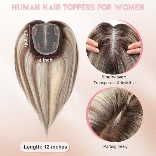 FU SHEN Hair Toppers for Women Real Human Hair 12inch Professional Grade 10X12CM Swiss Base Hairpiece for Thinning Hair Breathable Human Hair Topper Clip in Toppers(2T613#)