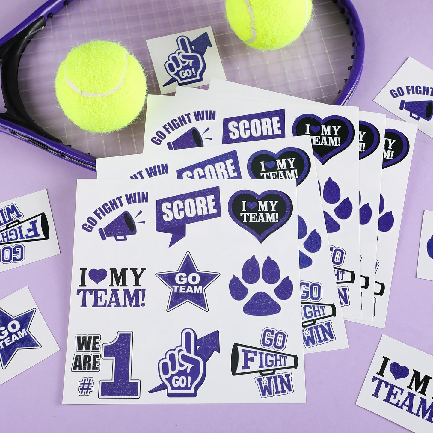 Colarr 180 Pcs Team Spirit Temporary Tattoo 2", 1.5" Face Body Paw Go Team Cheer Tattoo Removable Glitter School Spirit Stickers for Classroom Cheerleading Teams Carnival Sports Games (Purple, Black)