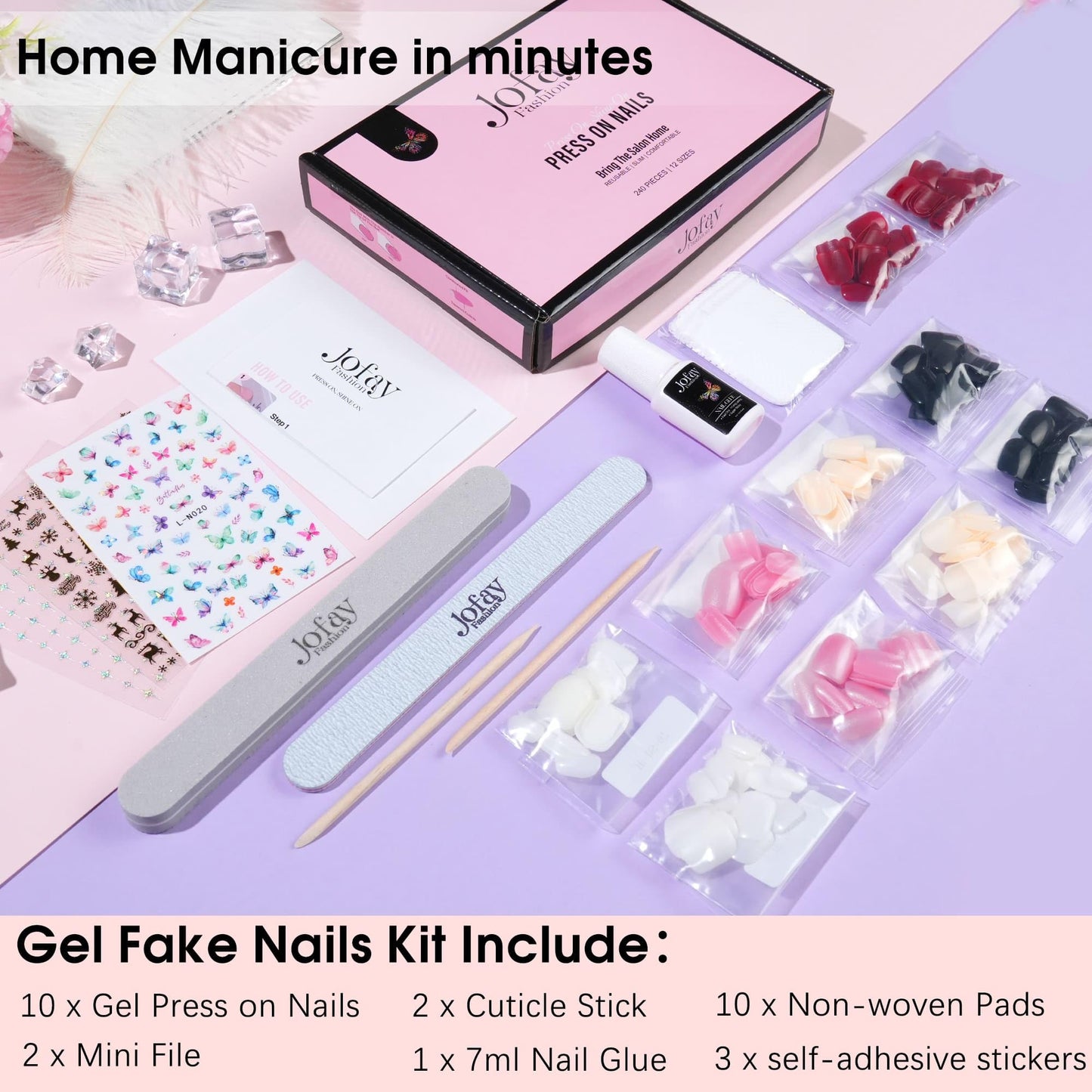 Short Press On Nails Kit - 240Pcs Acrylic Fake Nails with Glue | Square Glossy Glue on Nails, Natural | Gel UV Finish Artificial False Nails - Static, Cute stick on nails for Women