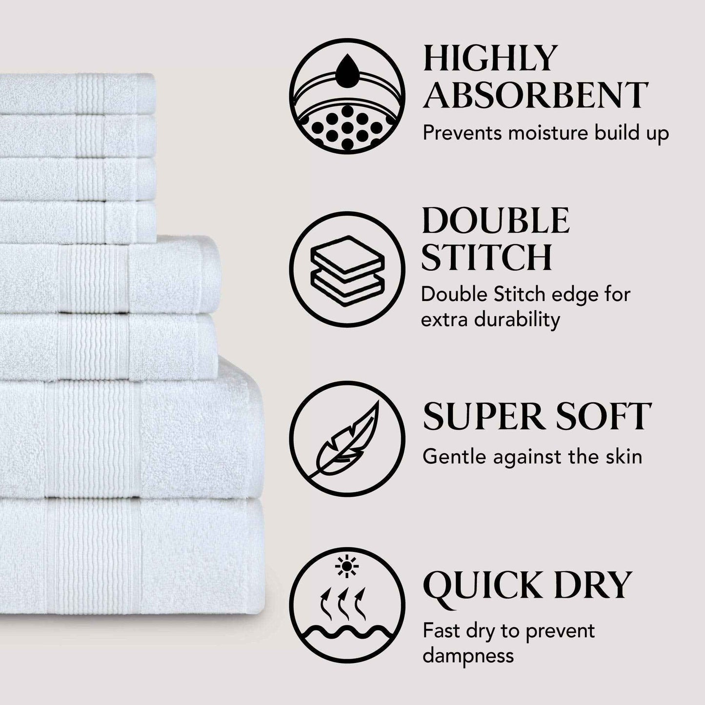 DecorRack 8-Piece Bath Towel Set, 4 Washcloths, 2 Bath Towels, and 2 Hand Towels, Premium Cotton, Highly Absorbent, Super Soft, Quick Dry, White (Set of 8)