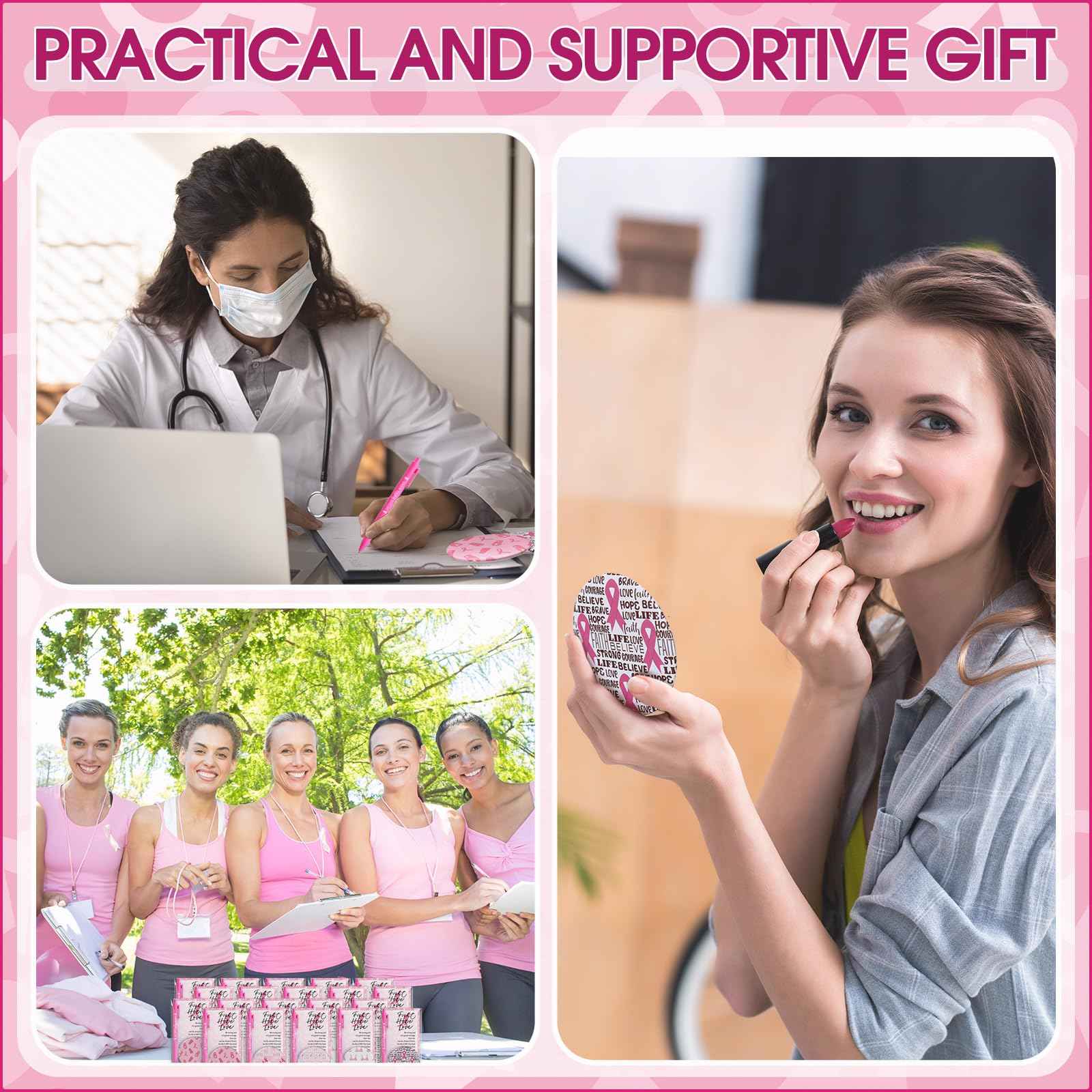 Pinkunn 75 Sets Breast Cancer Awareness Accessories Bulk Breast Cancer Gift for Women Compact Mirrors with Pink Ribbon Boxing Glove Design, Ballpoint Pens, Motivational Cards Charity Party Favors