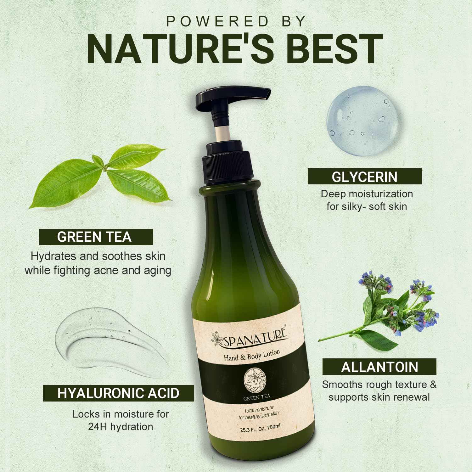 Spanature Green Tea Body Lotion For Women - Natural Green Tea Moisturizer for Face & Hands, Nourishing & Restoring Formula – Non-Greasy, Fast Absorbing - 750ml/25oz with Pump, Made in Korea