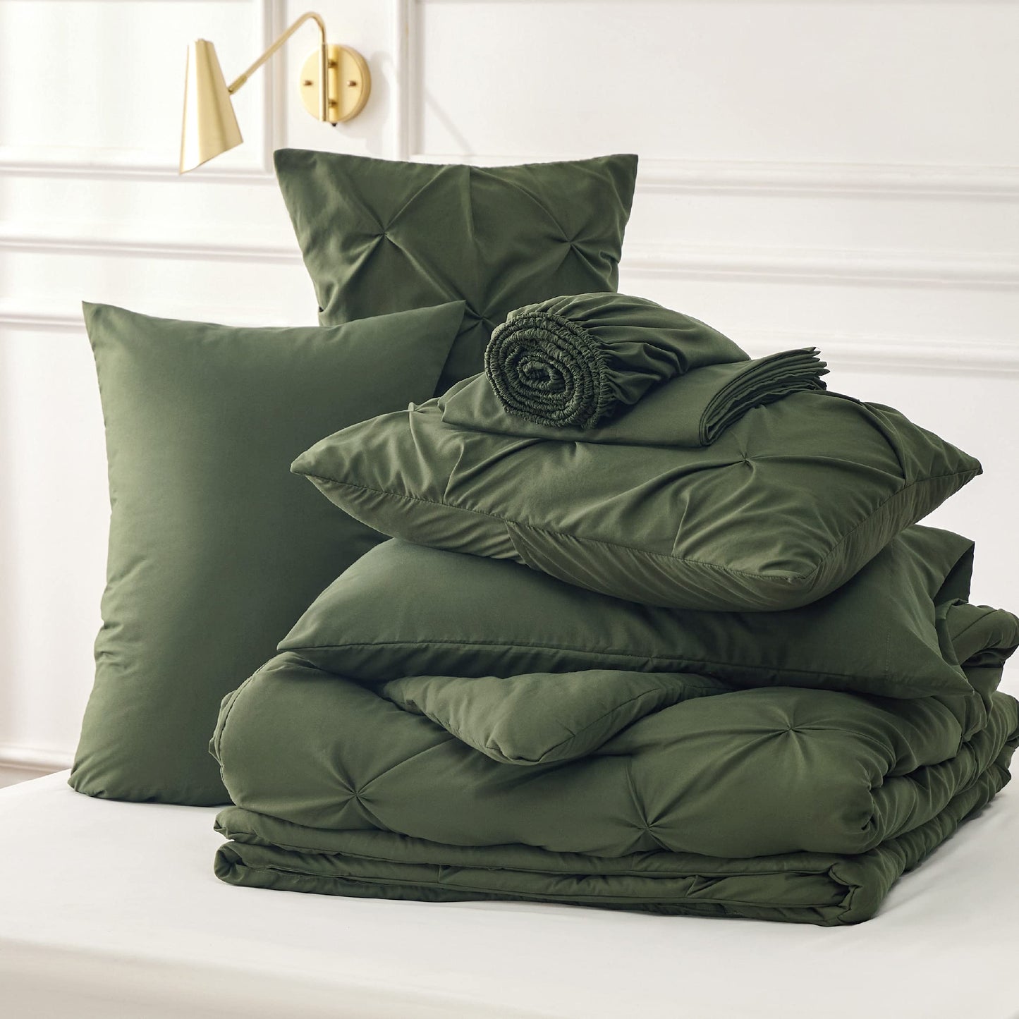 Bedsure Twin Comforter Set with Sheets - 5 Pieces Twin Bedding Sets, Pinch Pleat Olive Green Twin Bed in a Bag with Comforter, Sheets, Pillowcase & Sham